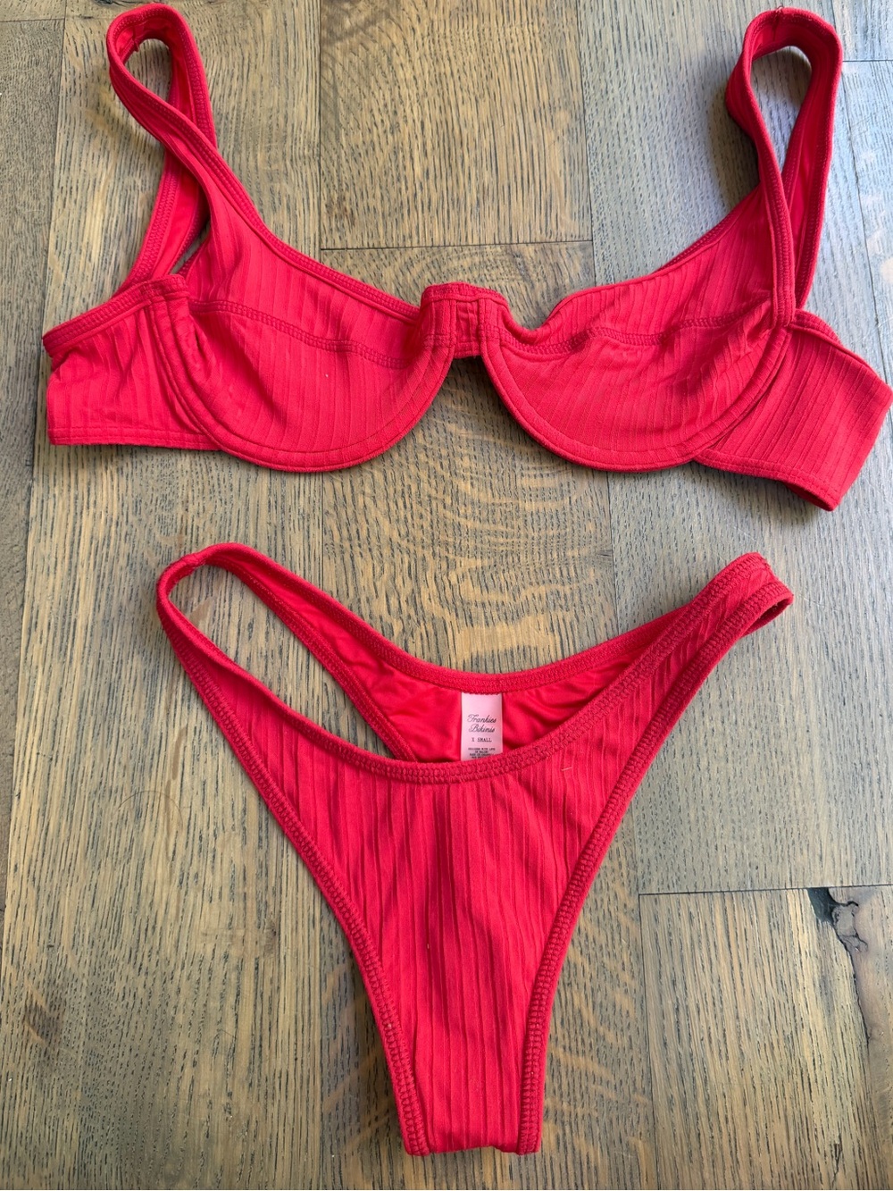 Frankie’s Bikinis Red Ribbed Underwire Bikini Set